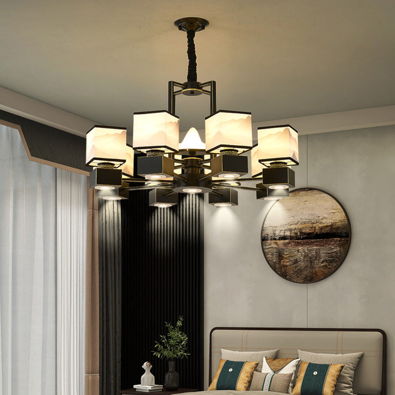 Traditional Chinese Square Iron Fabric 6/8 Light Chandelier For Living Room