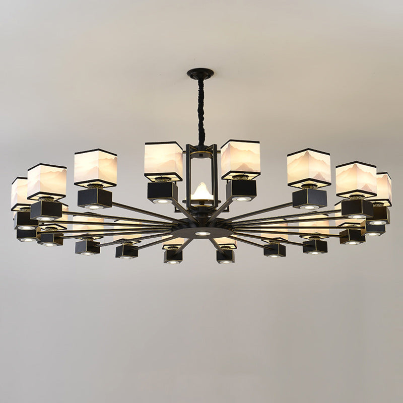 Traditional Chinese Square Iron Fabric 6/8 Light Chandelier For Living Room