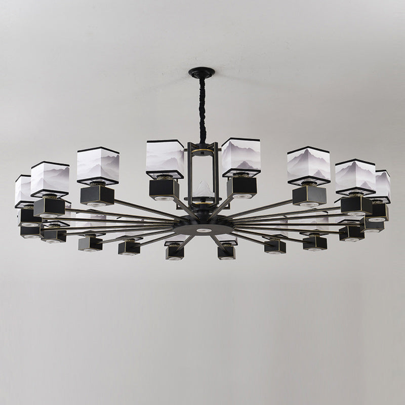 Traditional Chinese Square Iron Fabric 6/8 Light Chandelier For Living Room