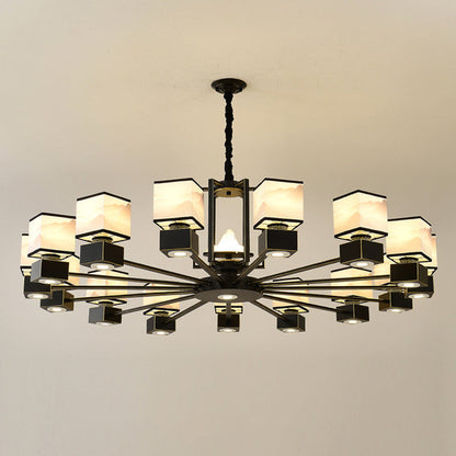 Traditional Chinese Square Iron Fabric 6/8 Light Chandelier For Living Room