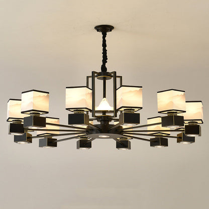 Traditional Chinese Square Iron Fabric 6/8 Light Chandelier For Living Room
