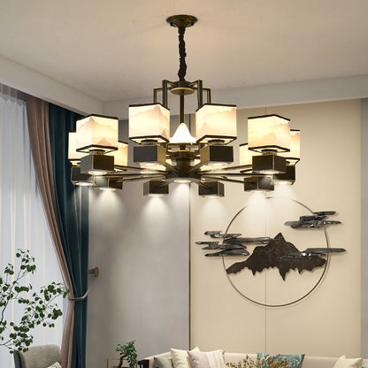Traditional Chinese Square Iron Fabric 6/8 Light Chandelier For Living Room