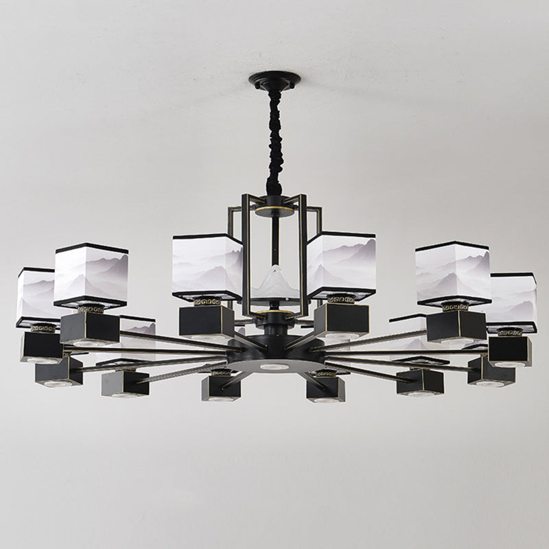 Traditional Chinese Square Iron Fabric 6/8 Light Chandelier For Living Room