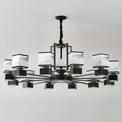 Traditional Chinese Square Iron Fabric 6/8 Light Chandelier For Living Room