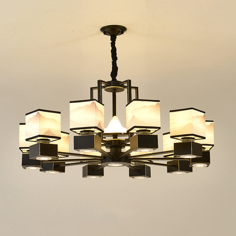 Traditional Chinese Square Iron Fabric 6/8 Light Chandelier For Living Room