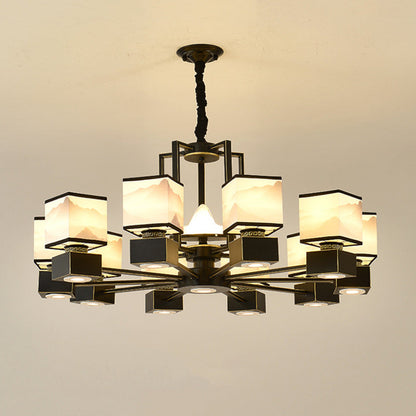 Traditional Chinese Square Iron Fabric 6/8 Light Chandelier For Living Room