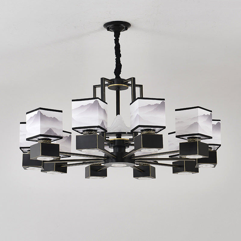 Traditional Chinese Square Iron Fabric 6/8 Light Chandelier For Living Room