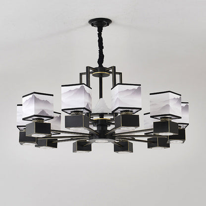 Traditional Chinese Square Iron Fabric 6/8 Light Chandelier For Living Room