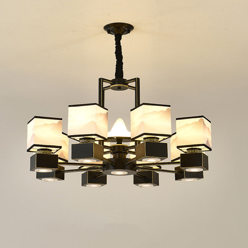 Traditional Chinese Square Iron Fabric 6/8 Light Chandelier For Living Room