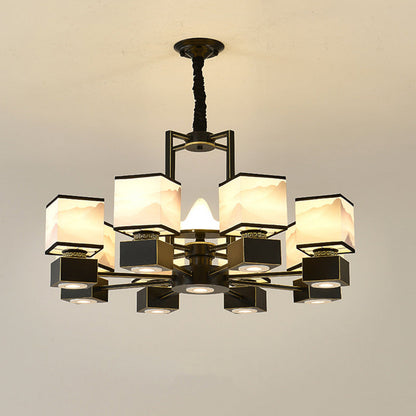 Traditional Chinese Square Iron Fabric 6/8 Light Chandelier For Living Room