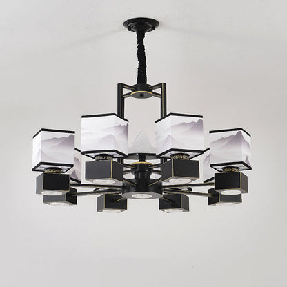 Traditional Chinese Square Iron Fabric 6/8 Light Chandelier For Living Room