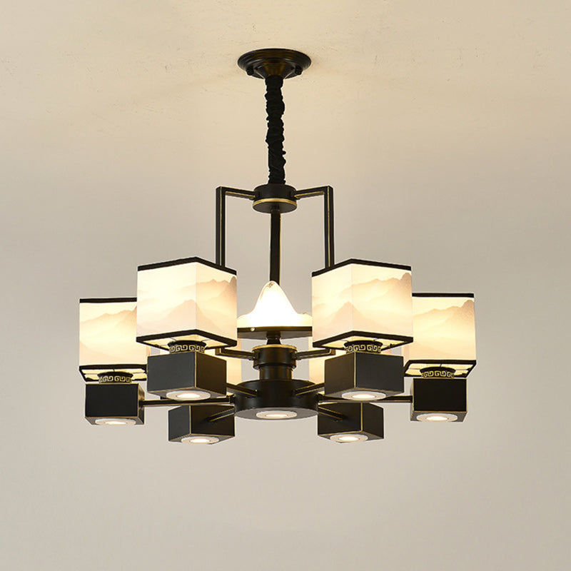 Traditional Chinese Square Iron Fabric 6/8 Light Chandelier For Living Room