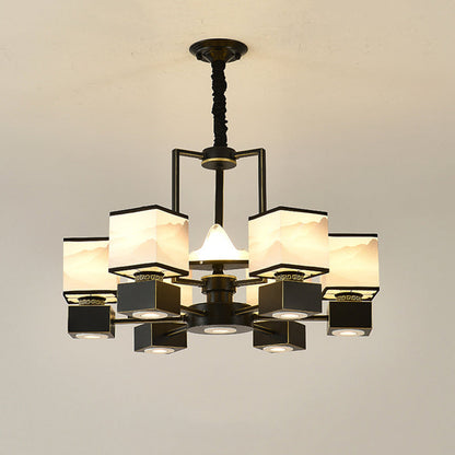 Traditional Chinese Square Iron Fabric 6/8 Light Chandelier For Living Room
