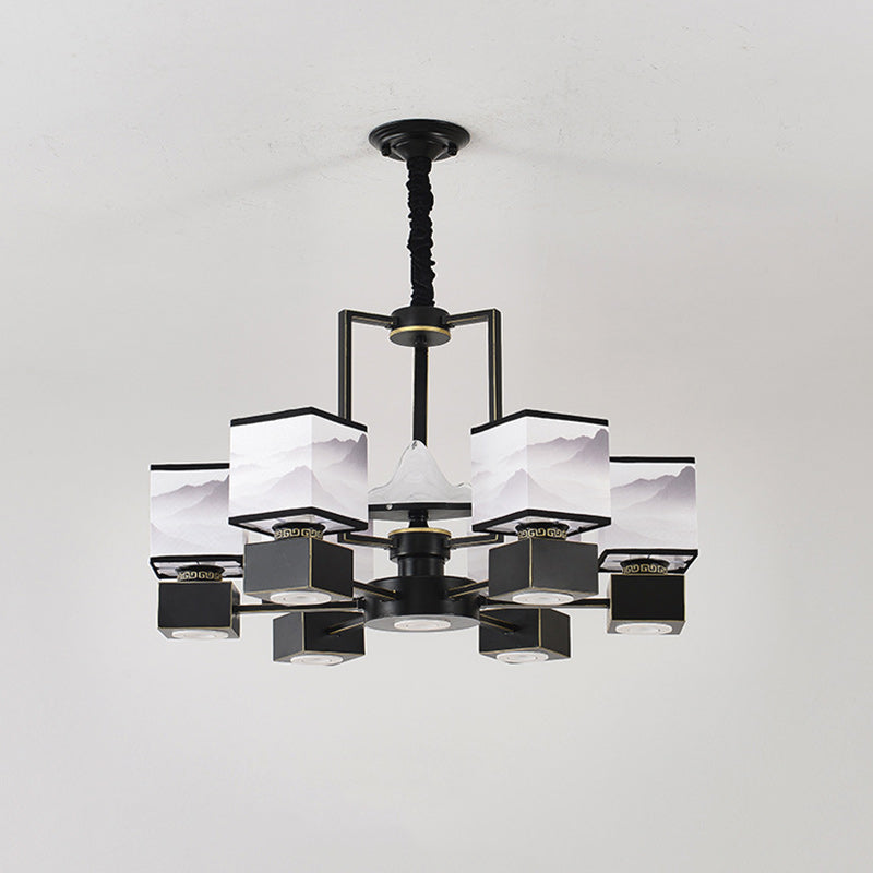 Traditional Chinese Square Iron Fabric 6/8 Light Chandelier For Living Room