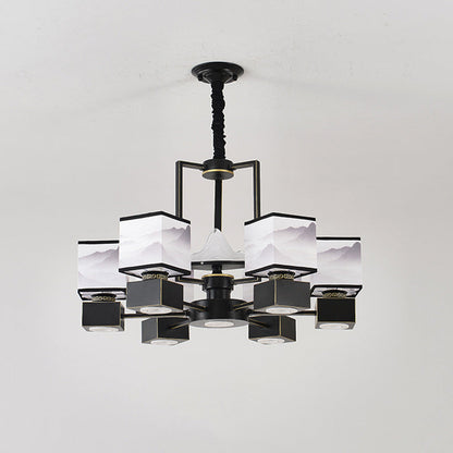 Traditional Chinese Square Iron Fabric 6/8 Light Chandelier For Living Room