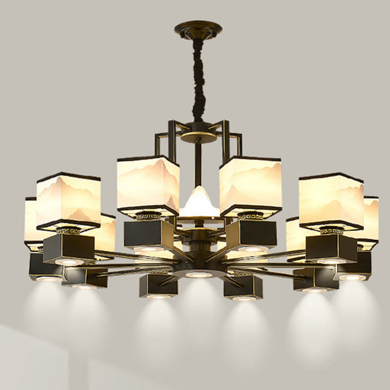 Traditional Chinese Square Iron Fabric 6/8 Light Chandelier For Living Room