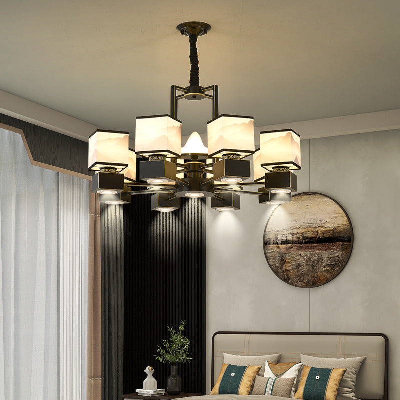 Traditional Chinese Square Iron Fabric 6/8 Light Chandelier For Living Room