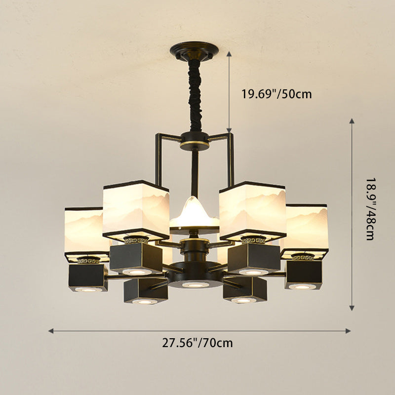 Traditional Chinese Square Iron Fabric 6/8 Light Chandelier For Living Room