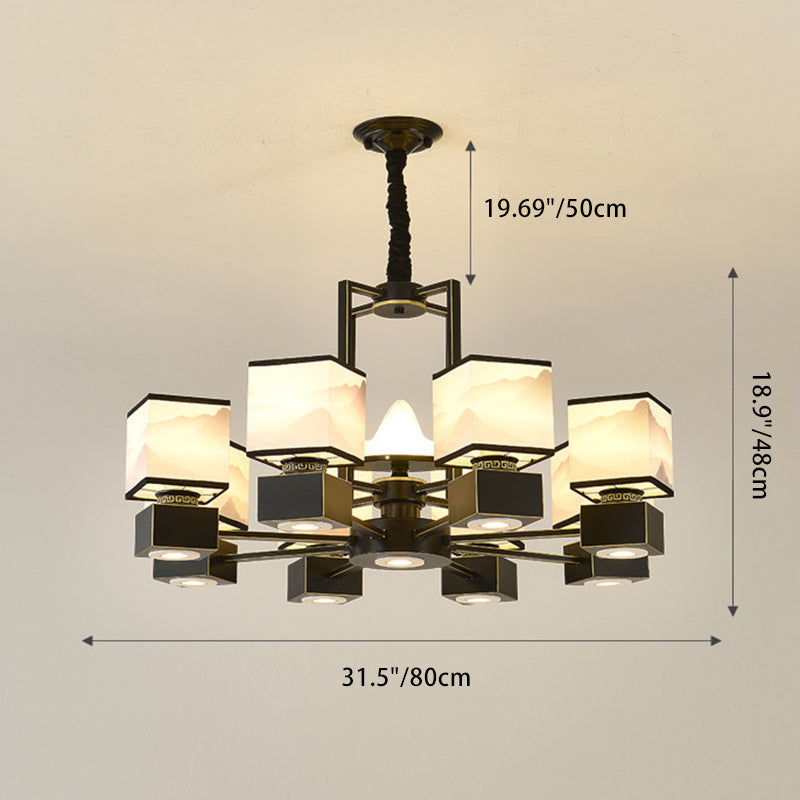 Traditional Chinese Square Iron Fabric 6/8 Light Chandelier For Living Room