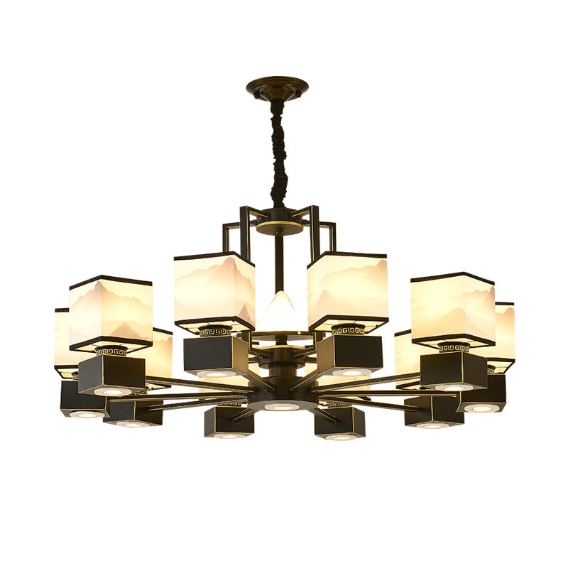 Traditional Chinese Square Iron Fabric 6/8 Light Chandelier For Living Room