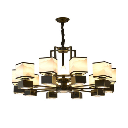 Traditional Chinese Square Iron Fabric 6/8 Light Chandelier For Living Room