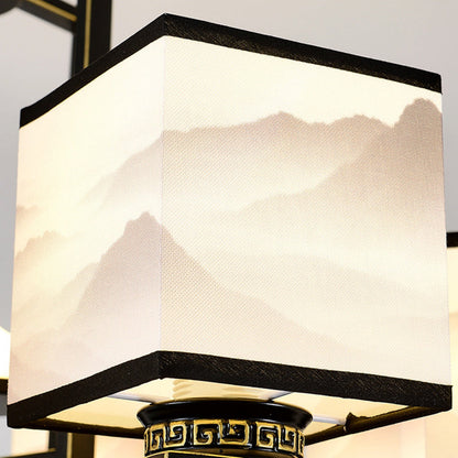 Traditional Chinese Square Iron Fabric 6/8 Light Chandelier For Living Room