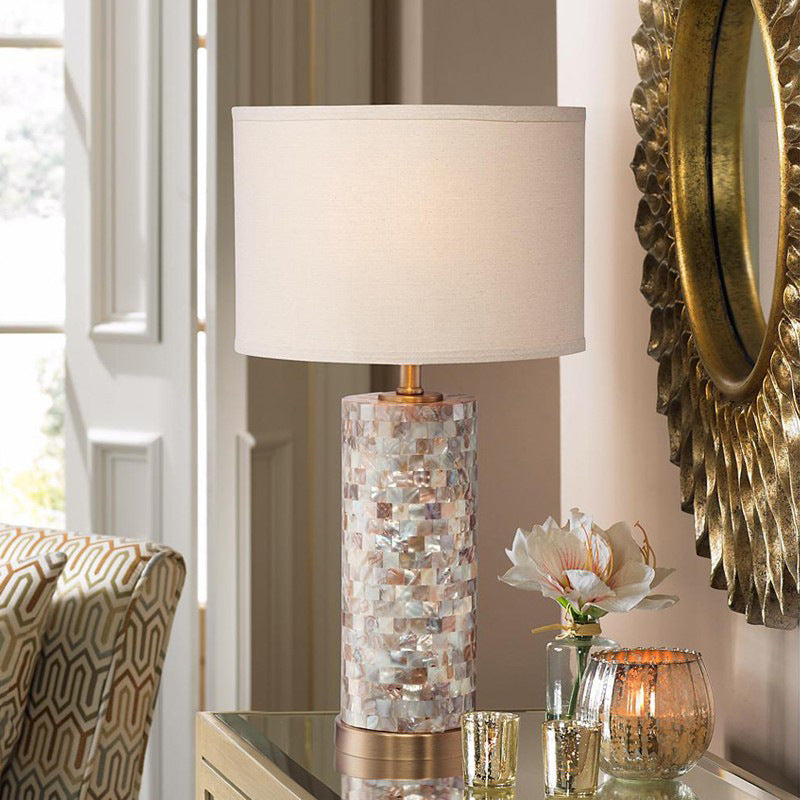 Contemporary Scandinavian Cylinder Shell Fabric Metal LED Table Lamp For Bedroom