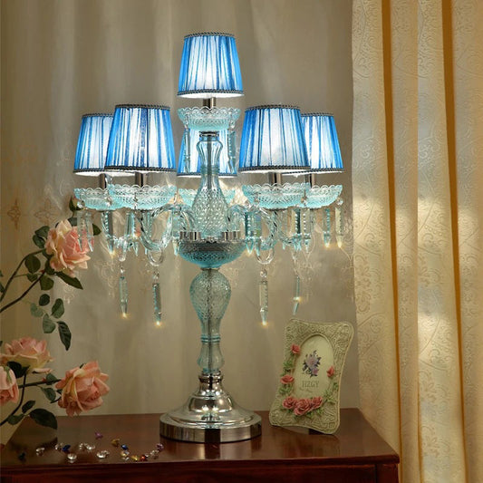 Traditional European Round High Density Glass Crystal 6-Light Table Lamp For Bedroom