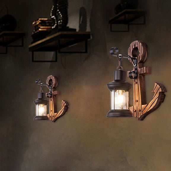 Traditional Vintage Boat Anchor Iron Solid Wood 1-Light Wall Sconce Lamp For Hallway