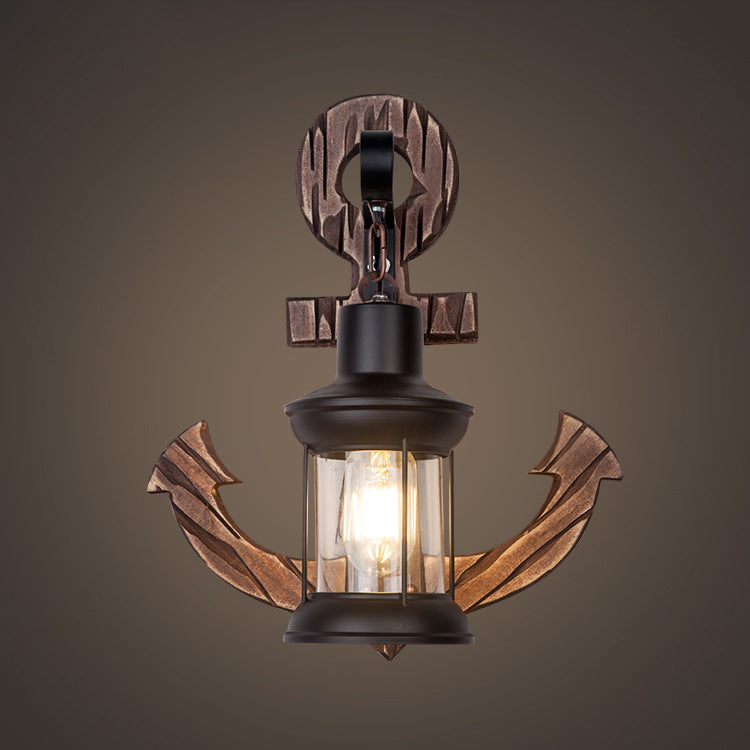 Traditional Vintage Boat Anchor Iron Solid Wood 1-Light Wall Sconce Lamp For Hallway