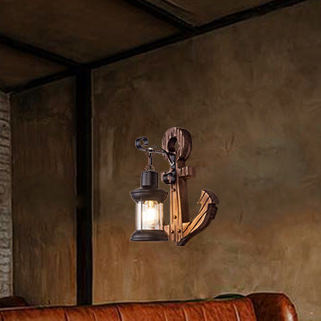 Traditional Vintage Boat Anchor Iron Solid Wood 1-Light Wall Sconce Lamp For Hallway
