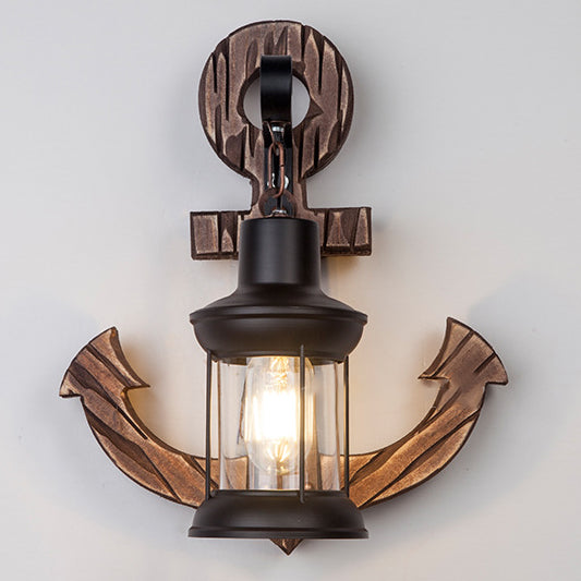 Traditional Vintage Boat Anchor Iron Solid Wood 1-Light Wall Sconce Lamp For Hallway