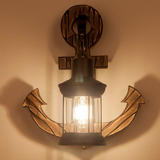 Traditional Vintage Boat Anchor Iron Solid Wood 1-Light Wall Sconce Lamp For Hallway