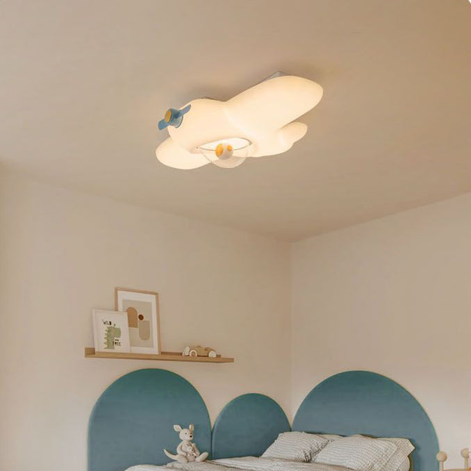 Contemporary Creative Kids Airplane Carbon Steel Resin LED Semi-Flush Mount Ceiling Light For Bedroom