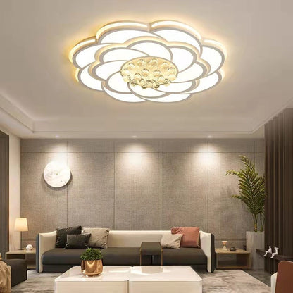 Contemporary Luxury Flower Round Iron Acrylic Crystal LED Flush Mount Ceiling Light For Living Room