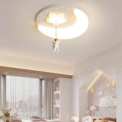 Contemporary Creative Kids Astronaut Round Iron Aluminum Acrylic LED Flush Mount Ceiling Light For Bedroom