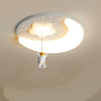 Contemporary Creative Kids Astronaut Round Iron Aluminum Acrylic LED Flush Mount Ceiling Light For Bedroom