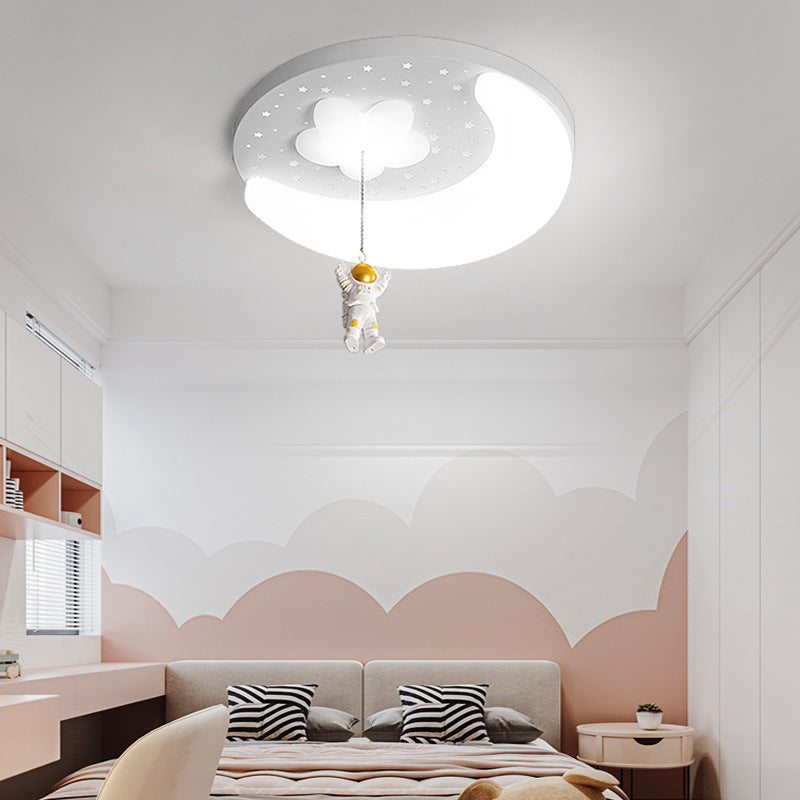 Contemporary Creative Kids Astronaut Round Iron Aluminum Acrylic LED Flush Mount Ceiling Light For Bedroom