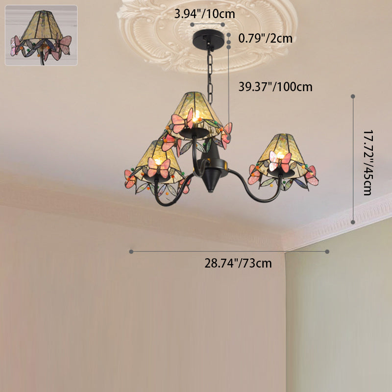 Traditional Vintage Butterfly Frustum Cone Iron Glass 3-Light Chandelier For Living Room