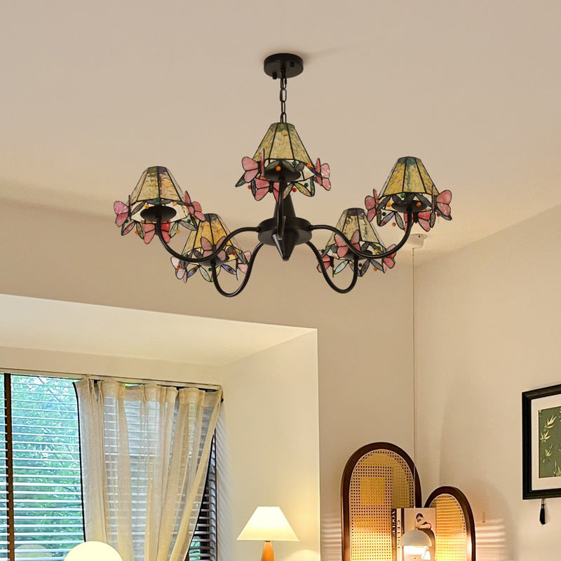 Traditional Vintage Butterfly Frustum Cone Iron Glass 3-Light Chandelier For Living Room