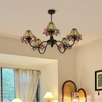 Traditional Vintage Butterfly Frustum Cone Iron Glass 3-Light Chandelier For Living Room