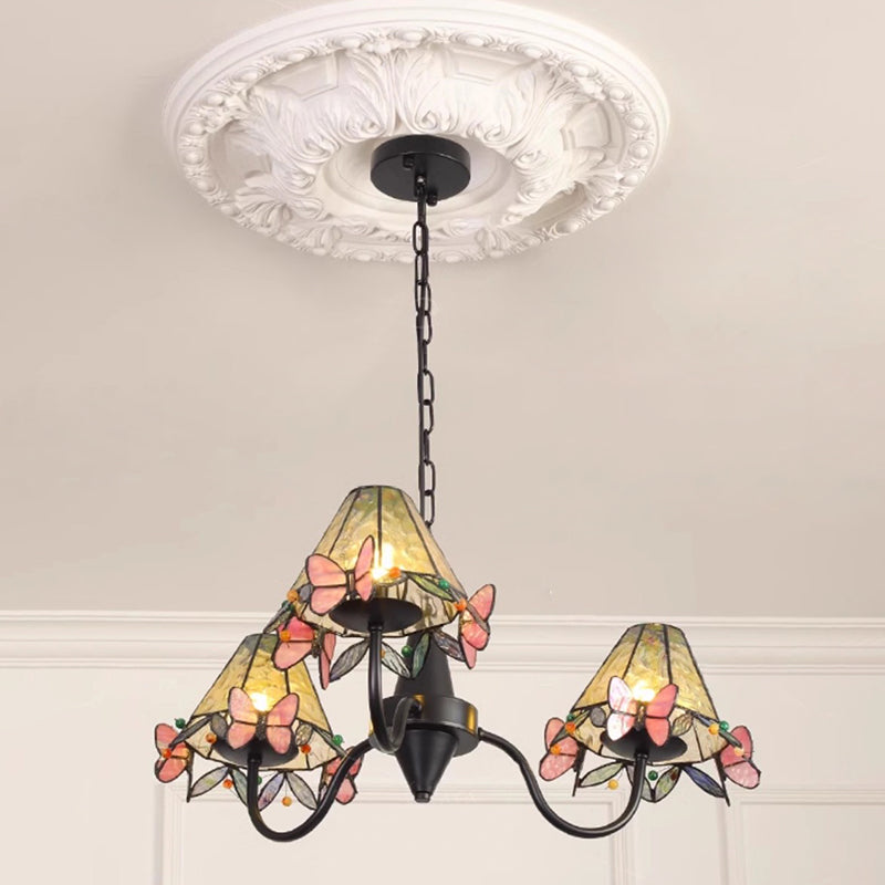 Traditional Vintage Butterfly Frustum Cone Iron Glass 3-Light Chandelier For Living Room