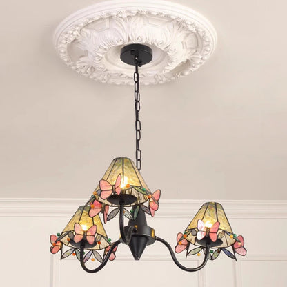 Traditional Vintage Butterfly Frustum Cone Iron Glass 3-Light Chandelier For Living Room