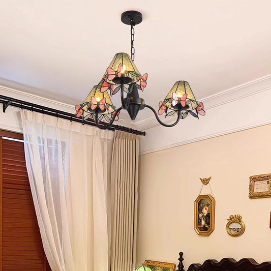Traditional Vintage Butterfly Frustum Cone Iron Glass 3-Light Chandelier For Living Room