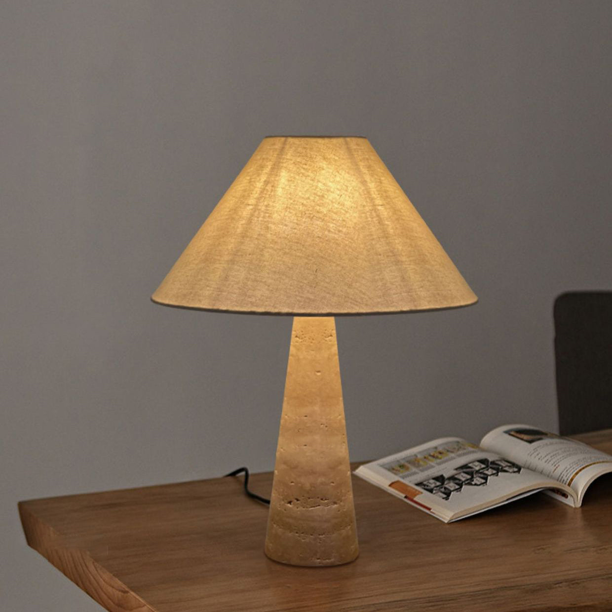 Traditional Vintage Frustum Cone Yellow Travertine Fabric 1-Light Table Lamp For Bedroom