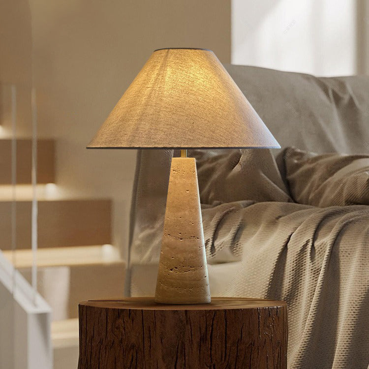 Traditional Vintage Frustum Cone Yellow Travertine Fabric 1-Light Table Lamp For Bedroom