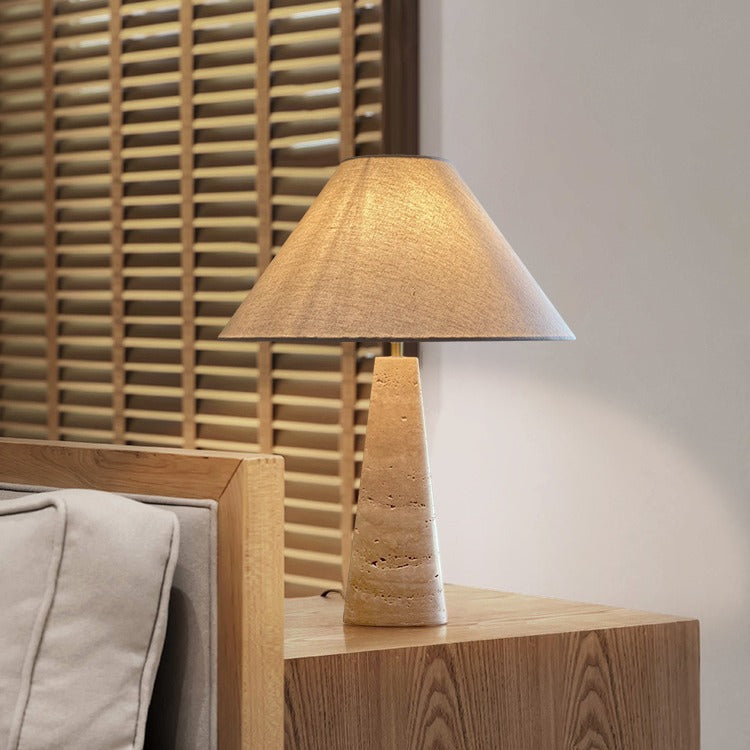 Traditional Vintage Frustum Cone Yellow Travertine Fabric 1-Light Table Lamp For Bedroom