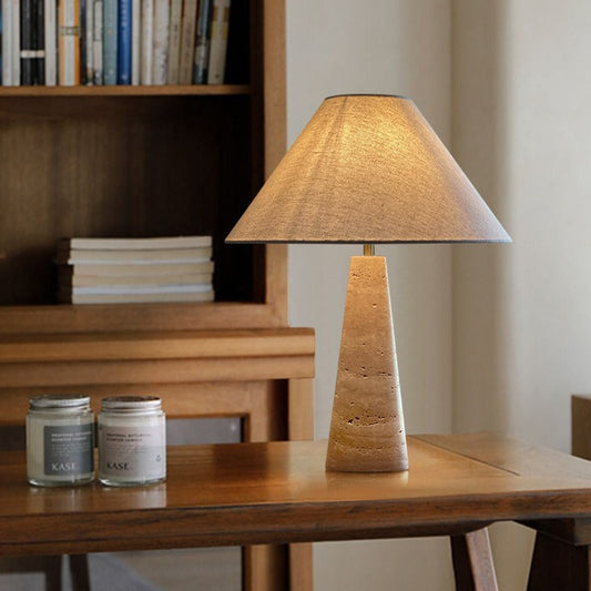 Traditional Vintage Frustum Cone Yellow Travertine Fabric 1-Light Table Lamp For Bedroom