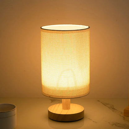 Contemporary Nordic Cylinder Solid Wood Fabric LED Table Lamp For Bedroom
