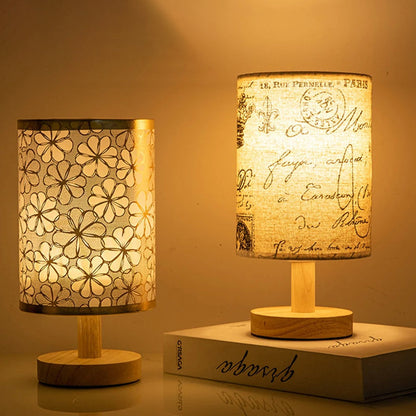 Contemporary Nordic Cylinder Solid Wood Fabric LED Table Lamp For Bedroom
